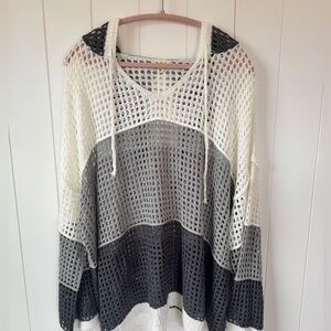 POL Monochrome Striped Color-block Sweater With Hood Swim Coverup SZ M